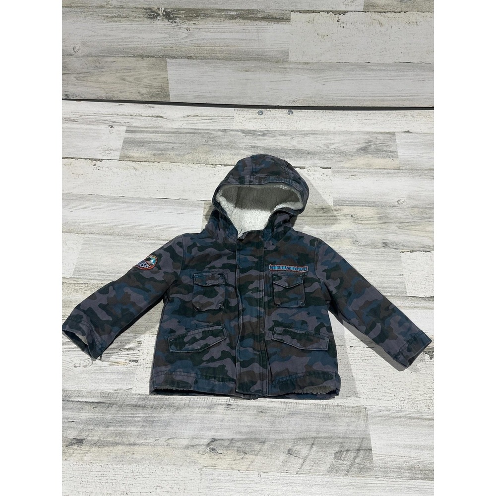 Cat & Jack Utility Jacket Boys 12M Blue Camo Fleece Lined Hooded